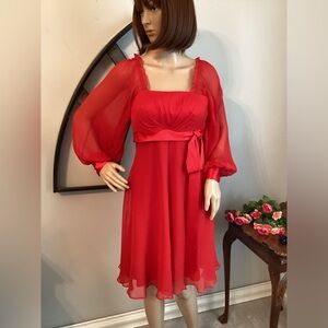 BARRIE PACE Silk Red Dress ON or OFF The Shoulder with Long Full Sleeves